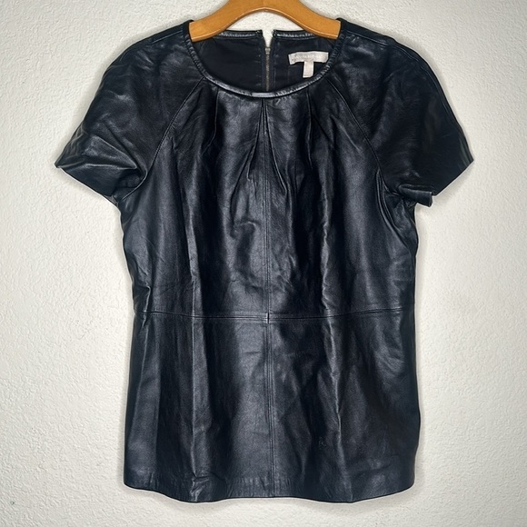 Banana Republic Pleated Leather Short Sleeve Top Western Rock Grunge Black Large - Picture 5 of 16